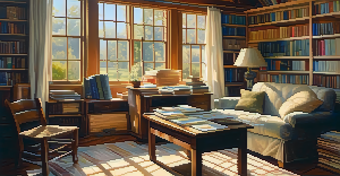 A warm and inviting family room filled with historical documents and photographs, illuminated by soft morning light.