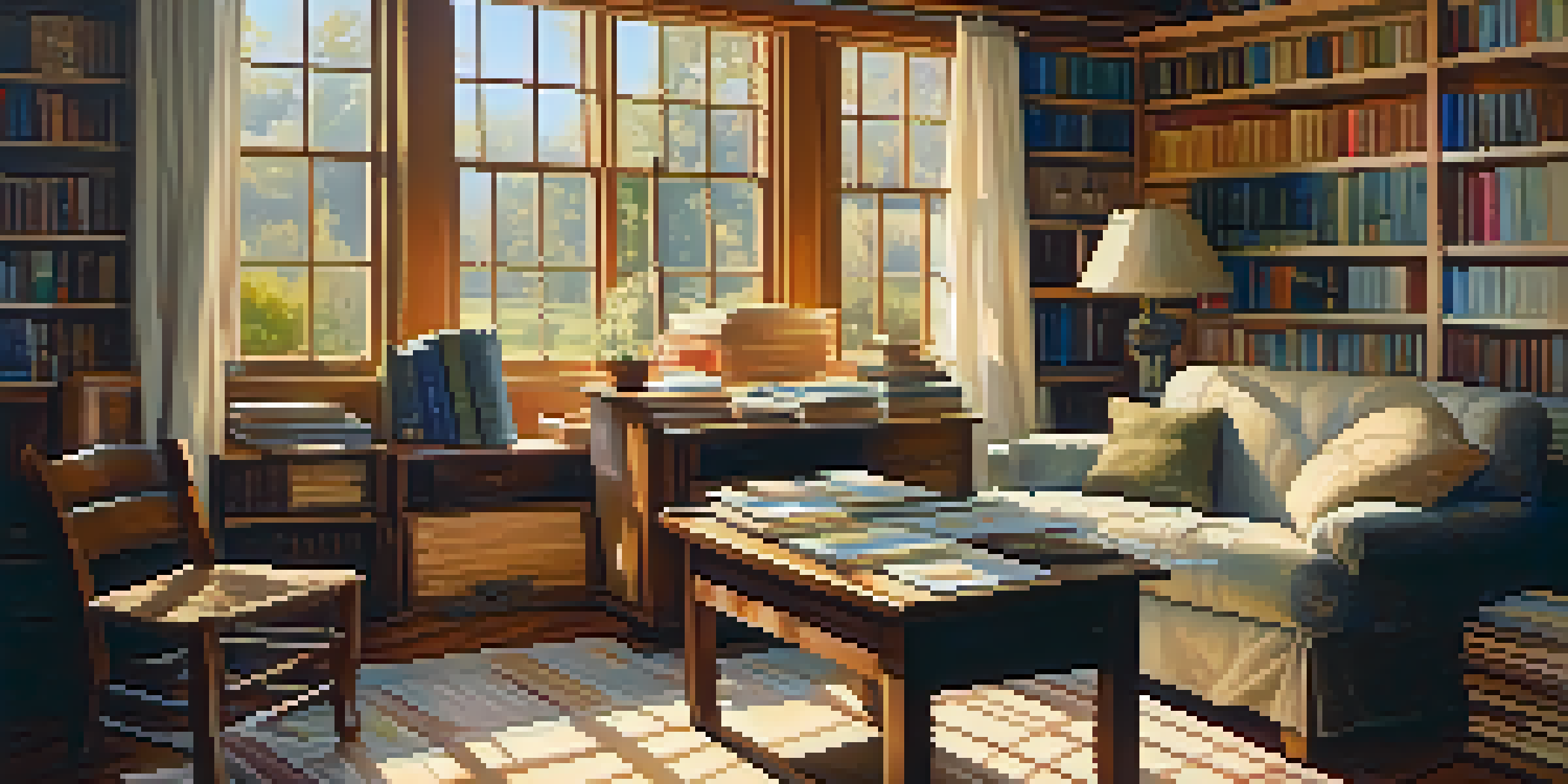 A warm and inviting family room filled with historical documents and photographs, illuminated by soft morning light.