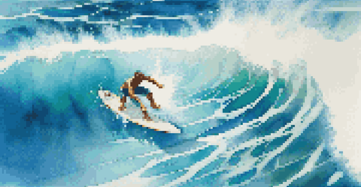Aerial view of a surfer riding a wave in a bright blue ocean with sunlight reflections.