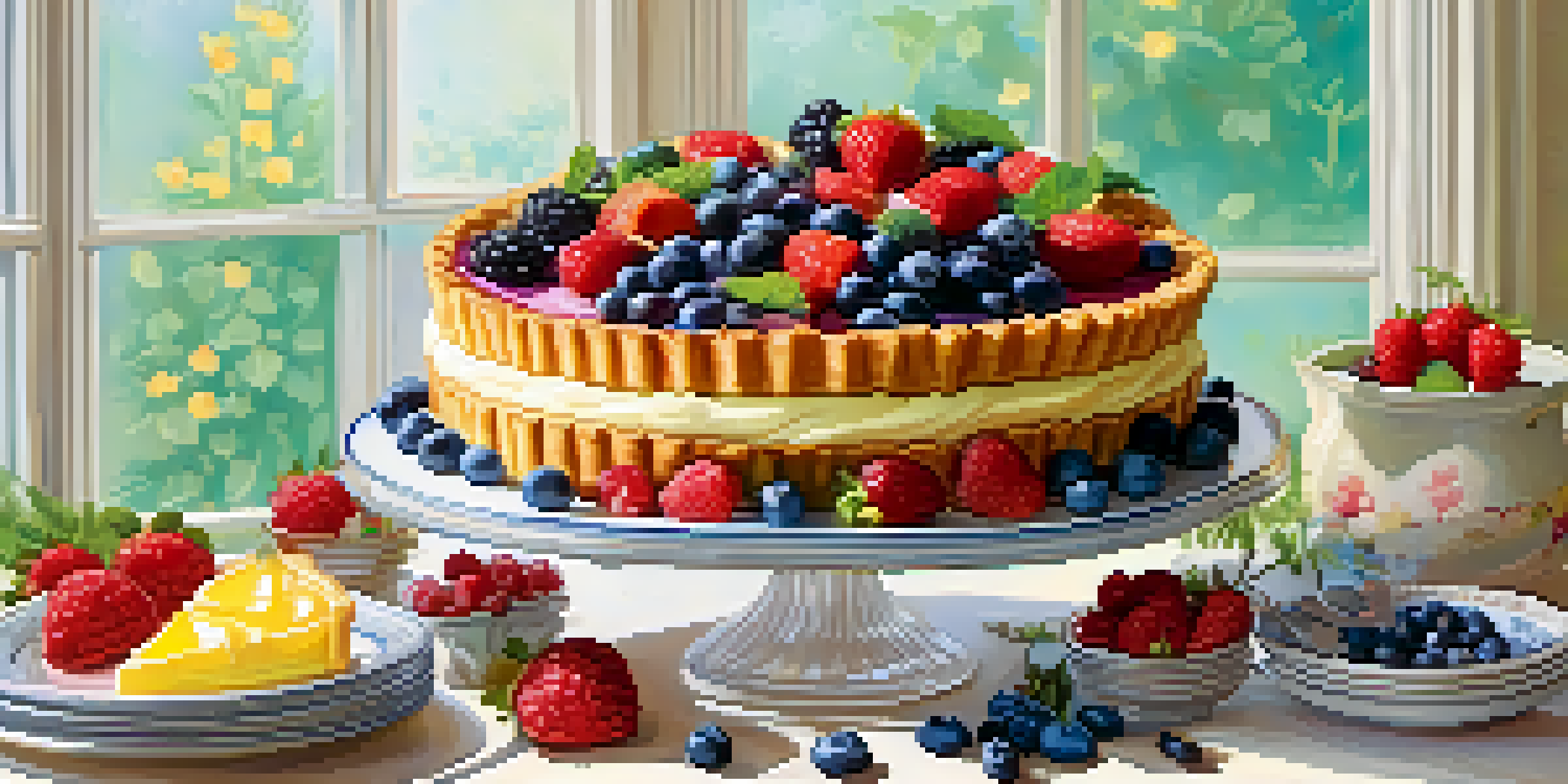 A spring dessert table showcasing a mixed berry tart with strawberries, blueberries, and raspberries, complemented by edible flowers and mint.
