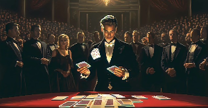 A magician performing on stage with a floating card, illuminated by dim lighting and surrounded by an audience in shadow.
