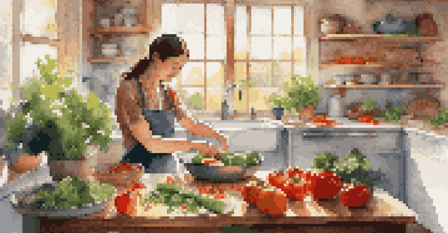 A woman preparing a healthy meal in a sunny kitchen, surrounded by fresh vegetables.