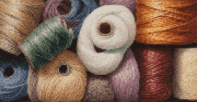 A close-up view of different types of natural and synthetic fibers on a wooden surface, emphasizing their textures and colors.
