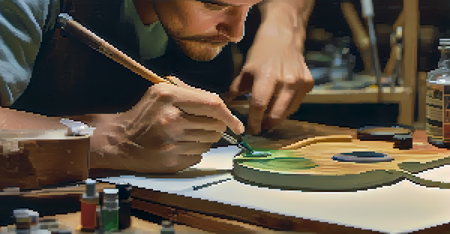 A craftsman painting a small scale model under a magnifying lamp, surrounded by paints and brushes, highlighting concentration.