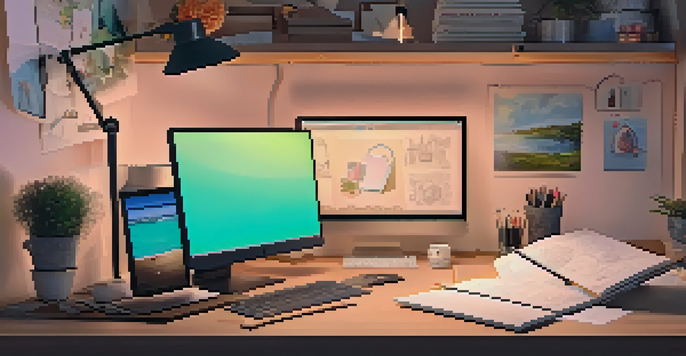 A cozy digital artist's workspace with a graphics tablet, colorful palette, and sketches on a corkboard.