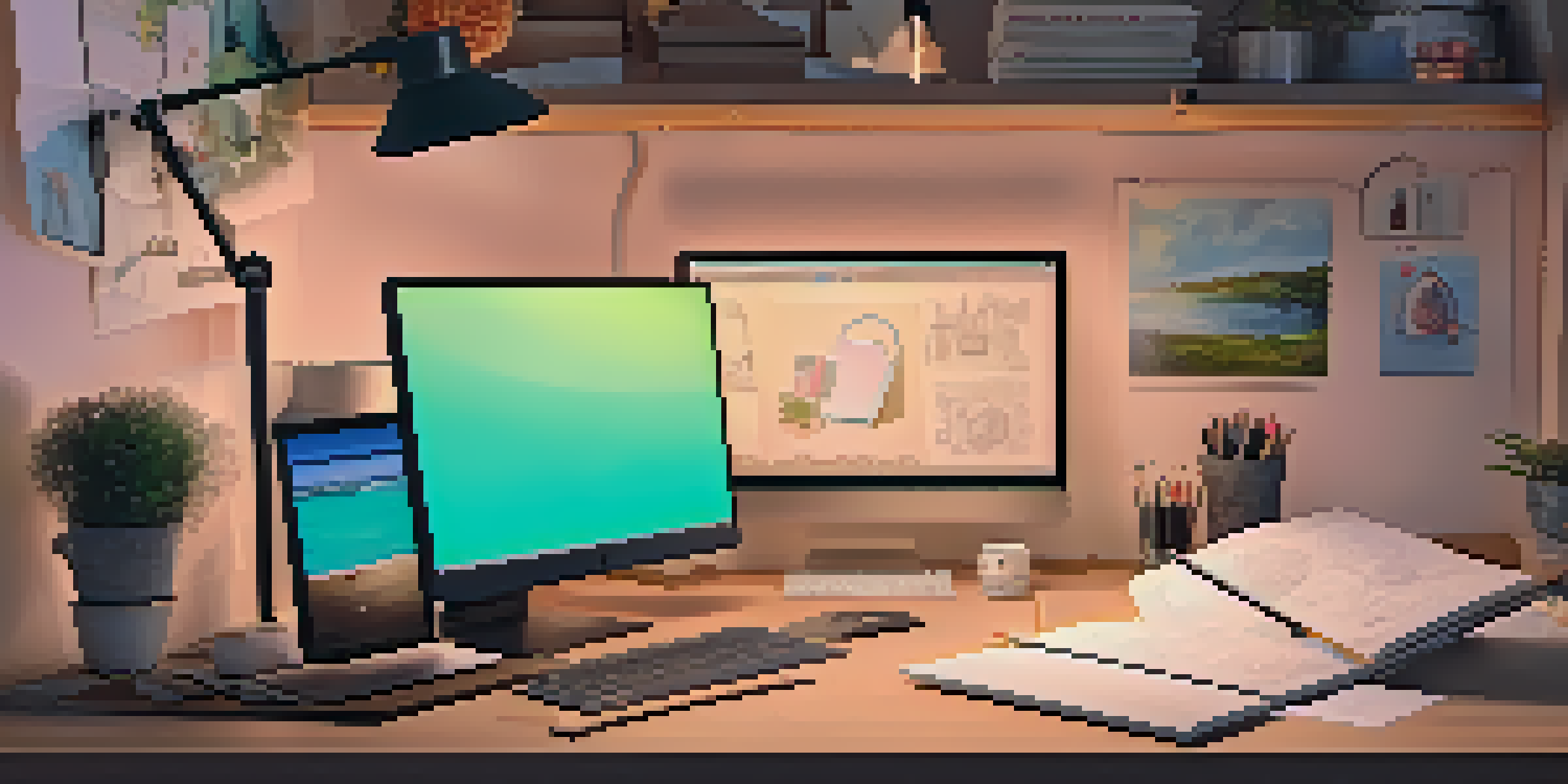 A cozy digital artist's workspace with a graphics tablet, colorful palette, and sketches on a corkboard.
