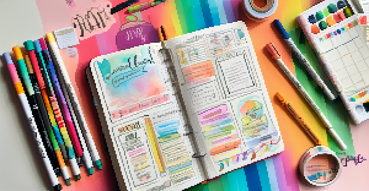 An artistic bullet journal spread with colorful doodles and motivational quotes, surrounded by art supplies.