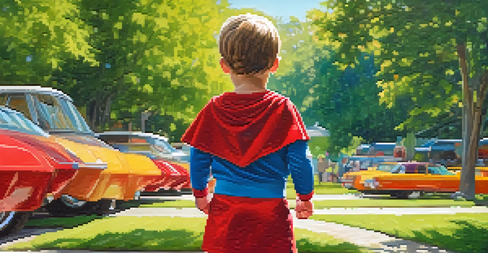A child in a superhero costume with a red cape and blue mask, standing in a park surrounded by greenery and flowers.