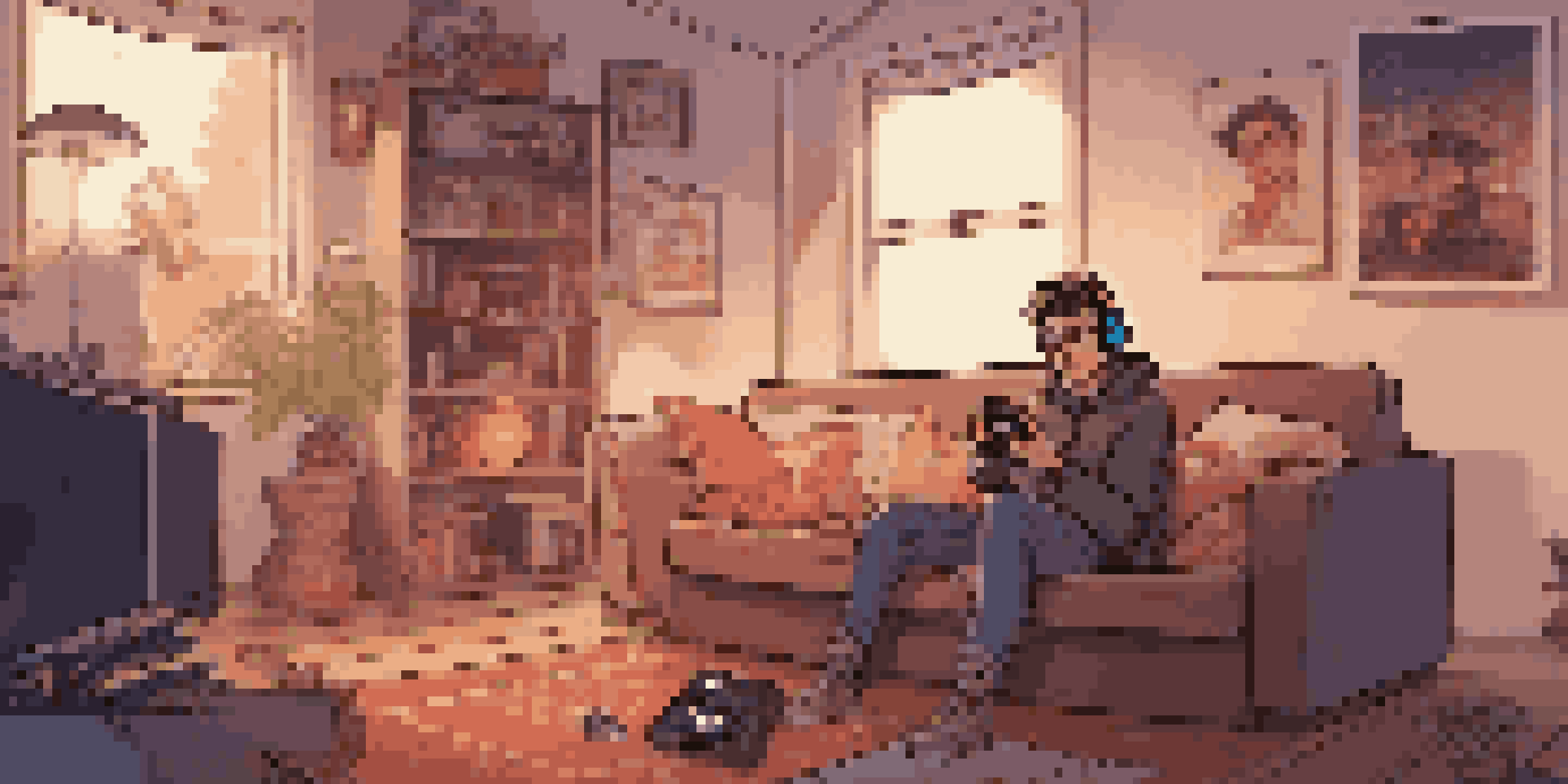 A young adult gamer playing a video game on a smartphone in a cozy living room, with ambient lighting and gaming posters.