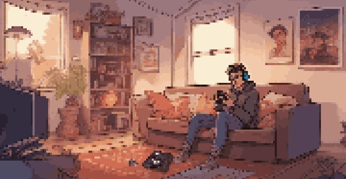 A young adult gamer playing a video game on a smartphone in a cozy living room, with ambient lighting and gaming posters.