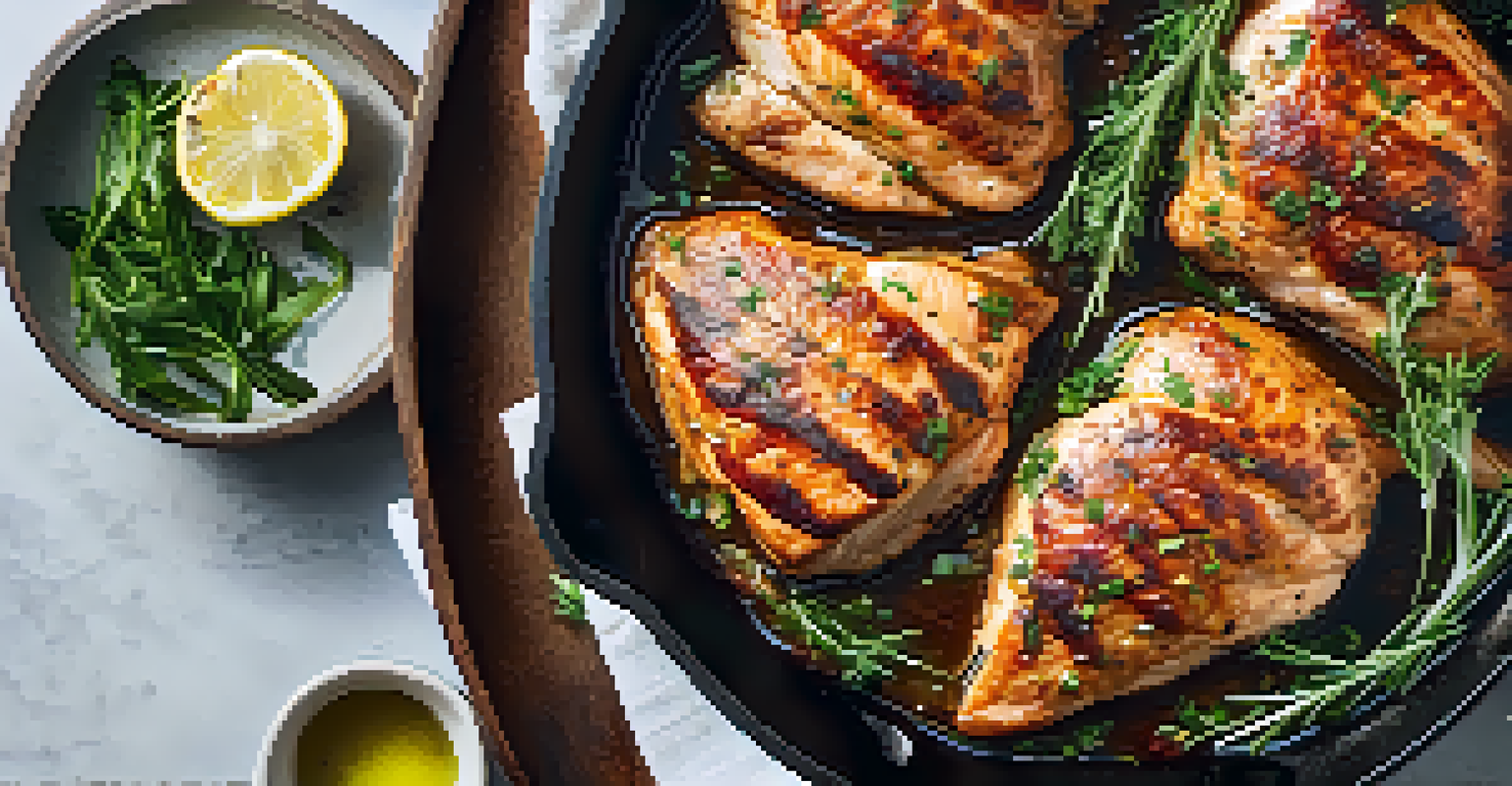 An overhead view of a cast-iron skillet with sizzling marinated chicken breasts, fresh herbs, and garlic on a marble countertop, illuminated by natural light.