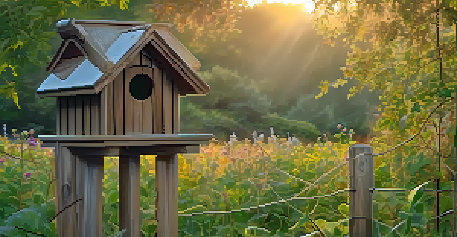 A close-up of a rustic birdhouse on a pole, surrounded by vines and wildflowers, illuminated by golden hour light.