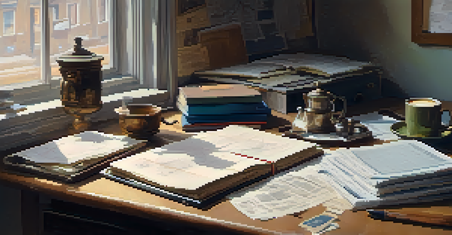 An artist's desk with scattered historical documents, maps, an open notebook with notes, and a steaming cup of coffee, illuminated by soft natural light.