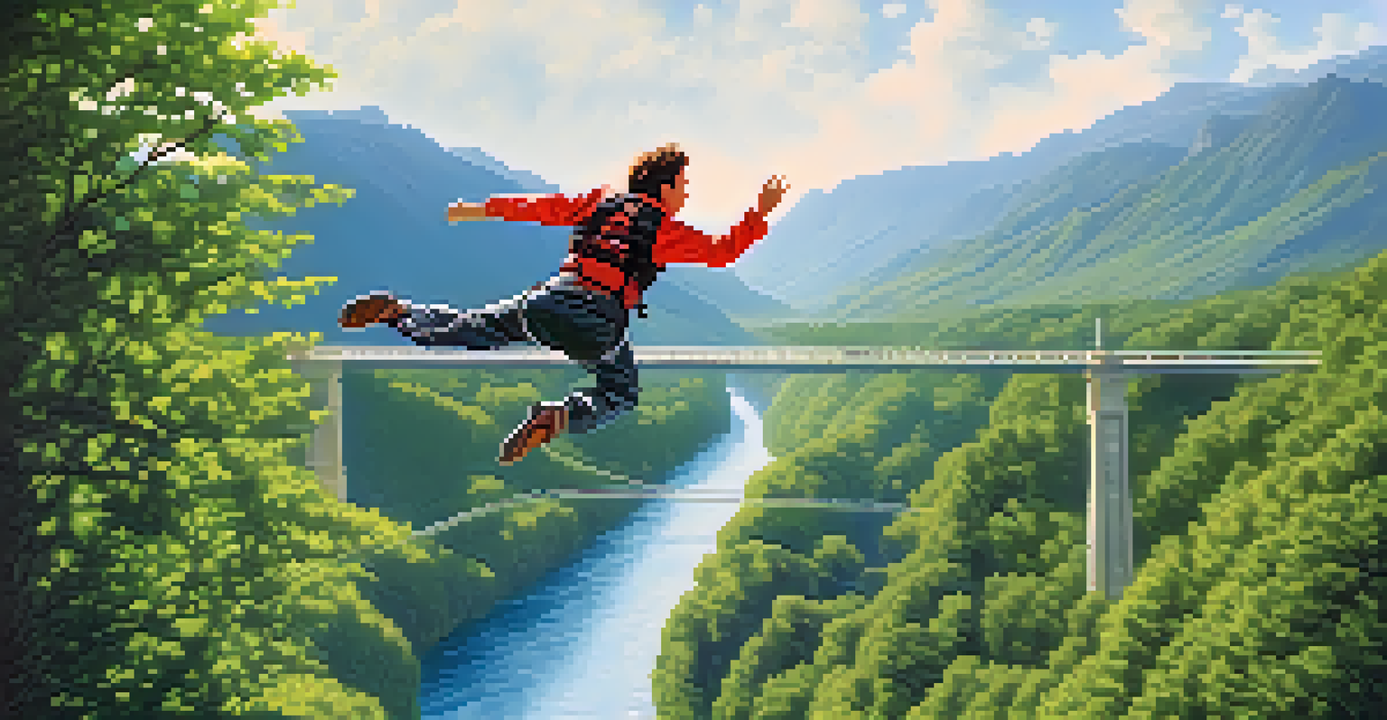 A bungee jumper leaping off a bridge with a river and mountains in the background.