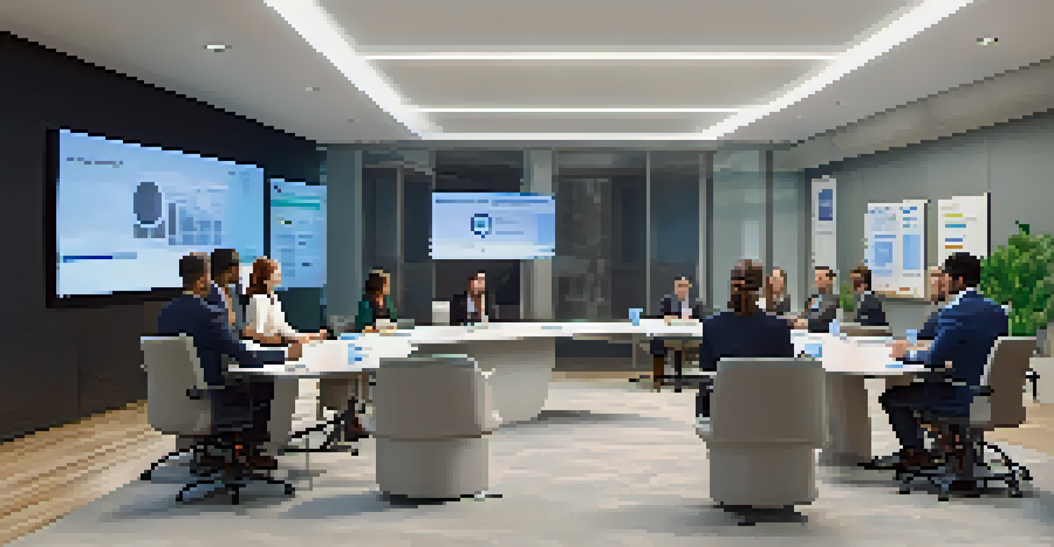 A sales team practicing their pitch in a virtual training session, interacting with simulated clients in a modern digital space.