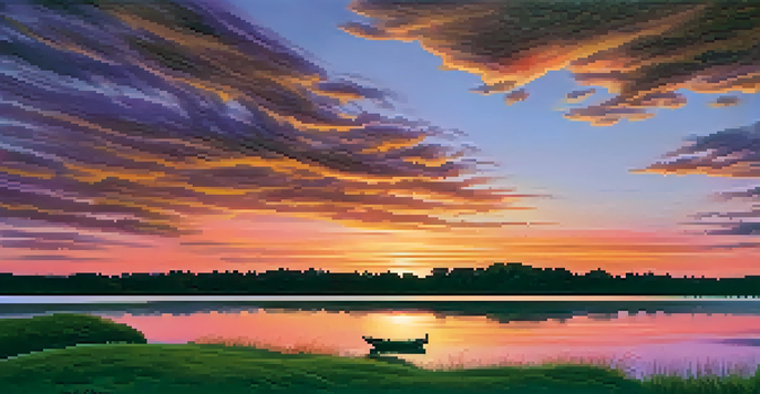 A colorful sunset over a calm lake with reflections in the water and silhouettes of trees and birds.