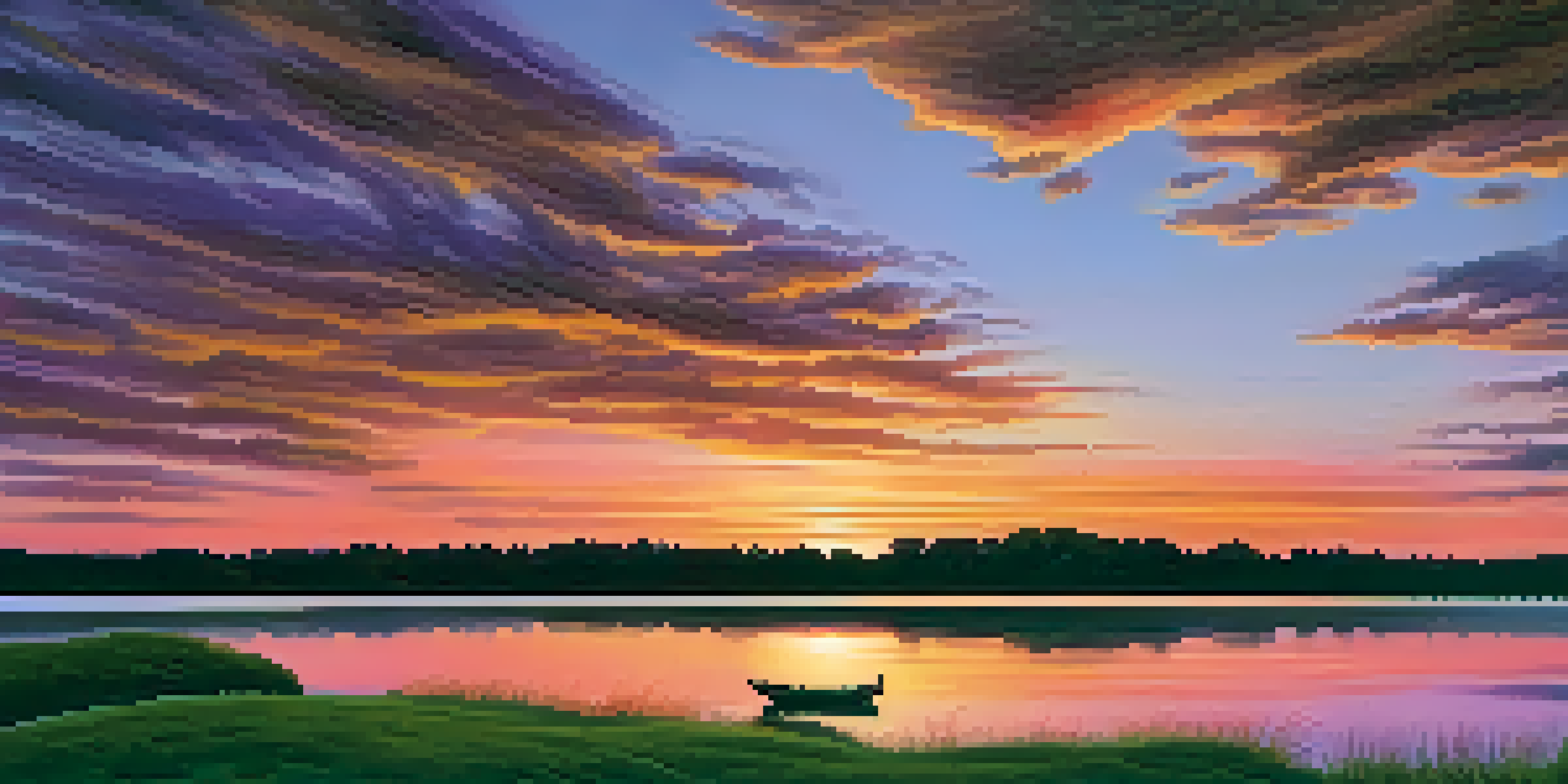 A colorful sunset over a calm lake with reflections in the water and silhouettes of trees and birds.