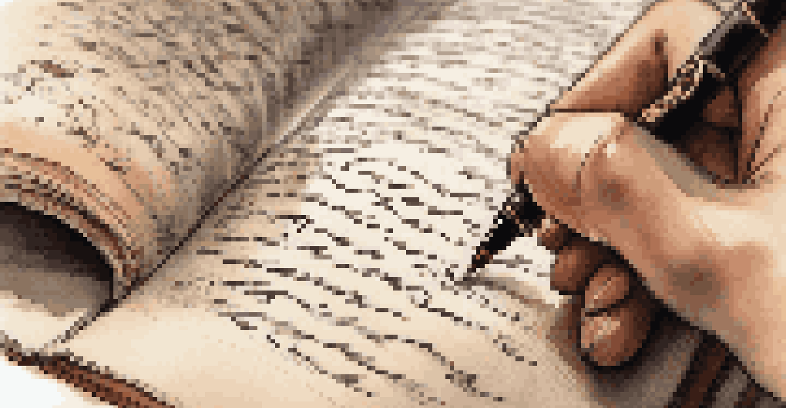 A close-up of a hand writing on a script with a fountain pen, surrounded by bookshelves, symbolizing dedication to storytelling.