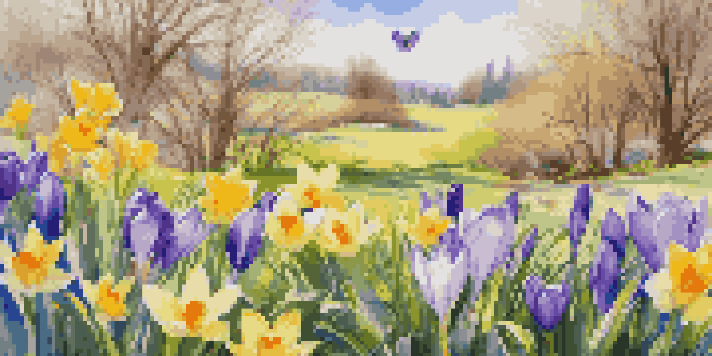 A colorful spring garden with blooming crocuses and daffodils, lush green grass, and butterflies under a bright blue sky.