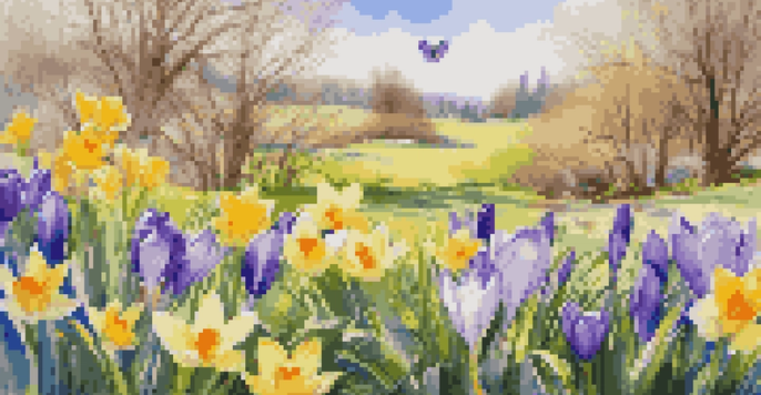 A colorful spring garden with blooming crocuses and daffodils, lush green grass, and butterflies under a bright blue sky.