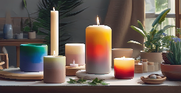 An artisan pouring eco-friendly soy wax into a ceramic mold in a cozy workspace surrounded by colorful candle containers and natural decor.