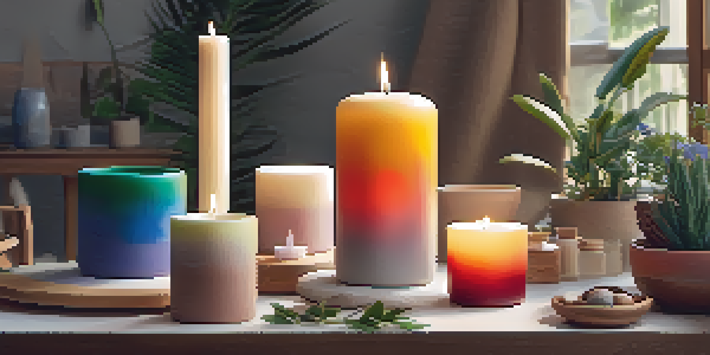 An artisan pouring eco-friendly soy wax into a ceramic mold in a cozy workspace surrounded by colorful candle containers and natural decor.