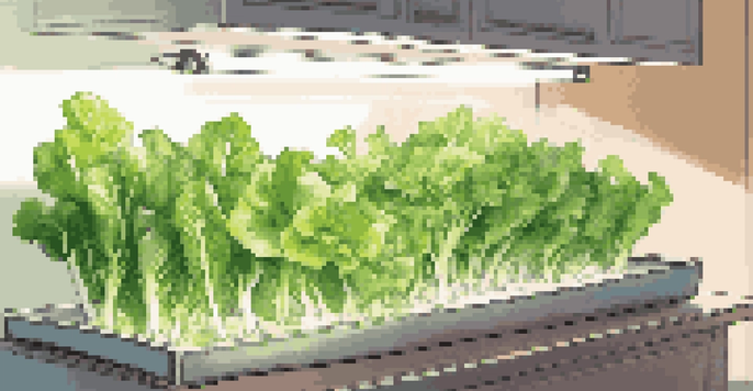 An indoor hydroponic garden with leafy greens in a modern container, illuminated by LED grow lights in a cozy kitchen.