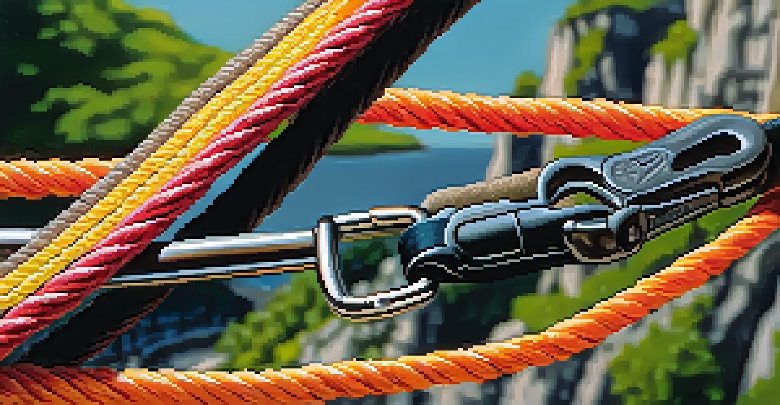 Close-up of bungee cord and harness setup at a cliff edge, highlighting safety equipment.