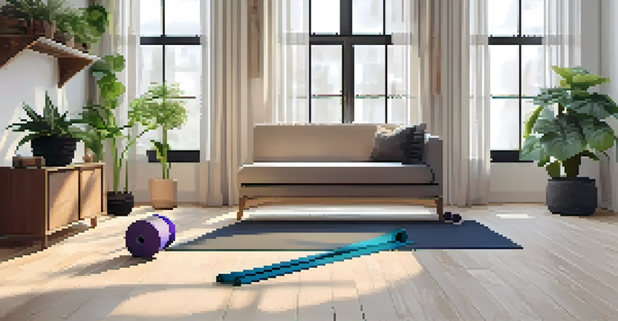 A bright and inviting home workout space with a yoga mat, resistance bands, and dumbbells, illuminated by natural light from sheer curtains.