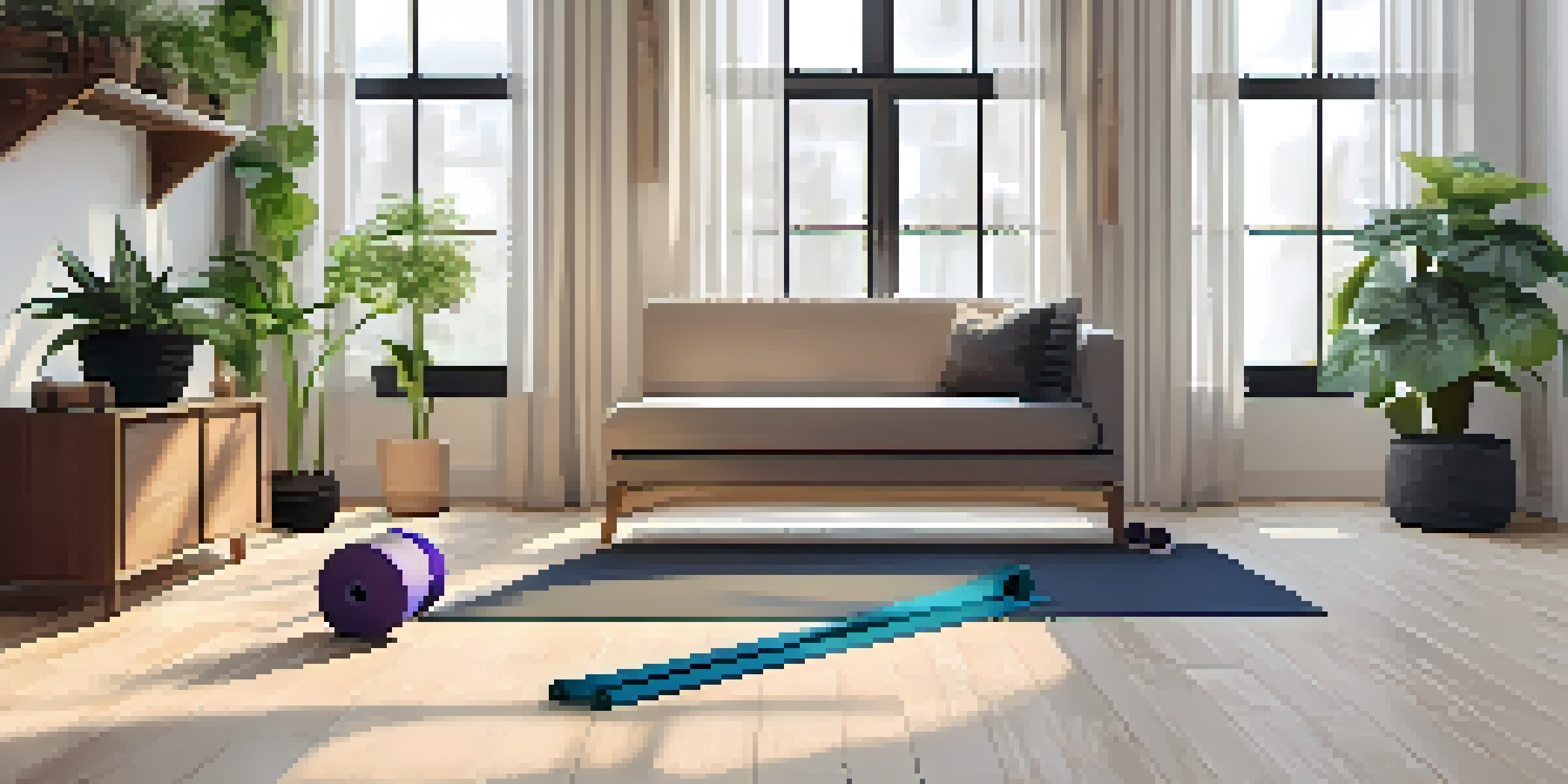 A bright and inviting home workout space with a yoga mat, resistance bands, and dumbbells, illuminated by natural light from sheer curtains.