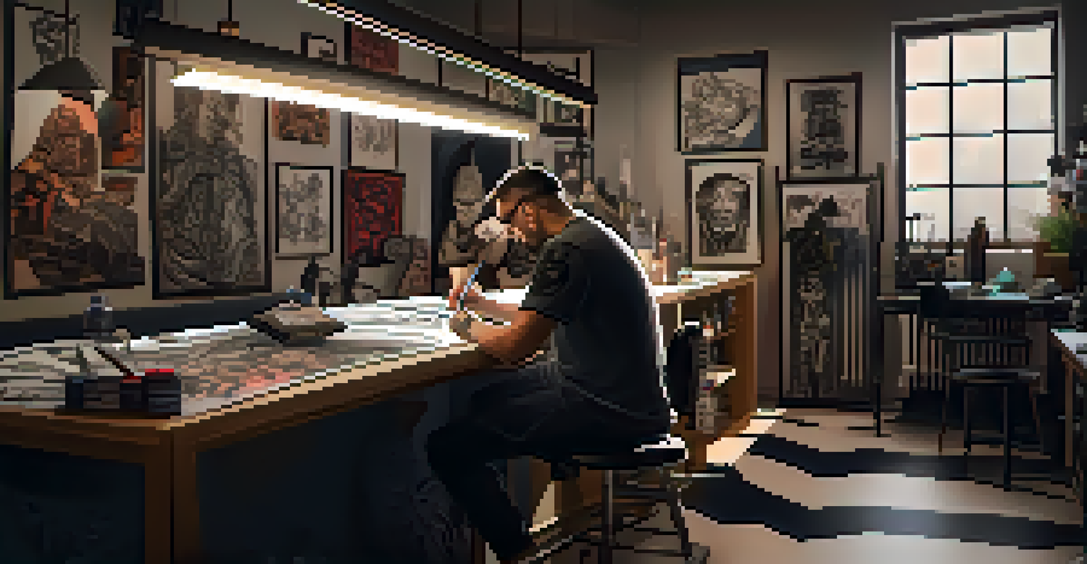 A person in a tattoo studio discussing a geometric tattoo design with an artist, surrounded by modern art and tattoo supplies in a softly lit environment.