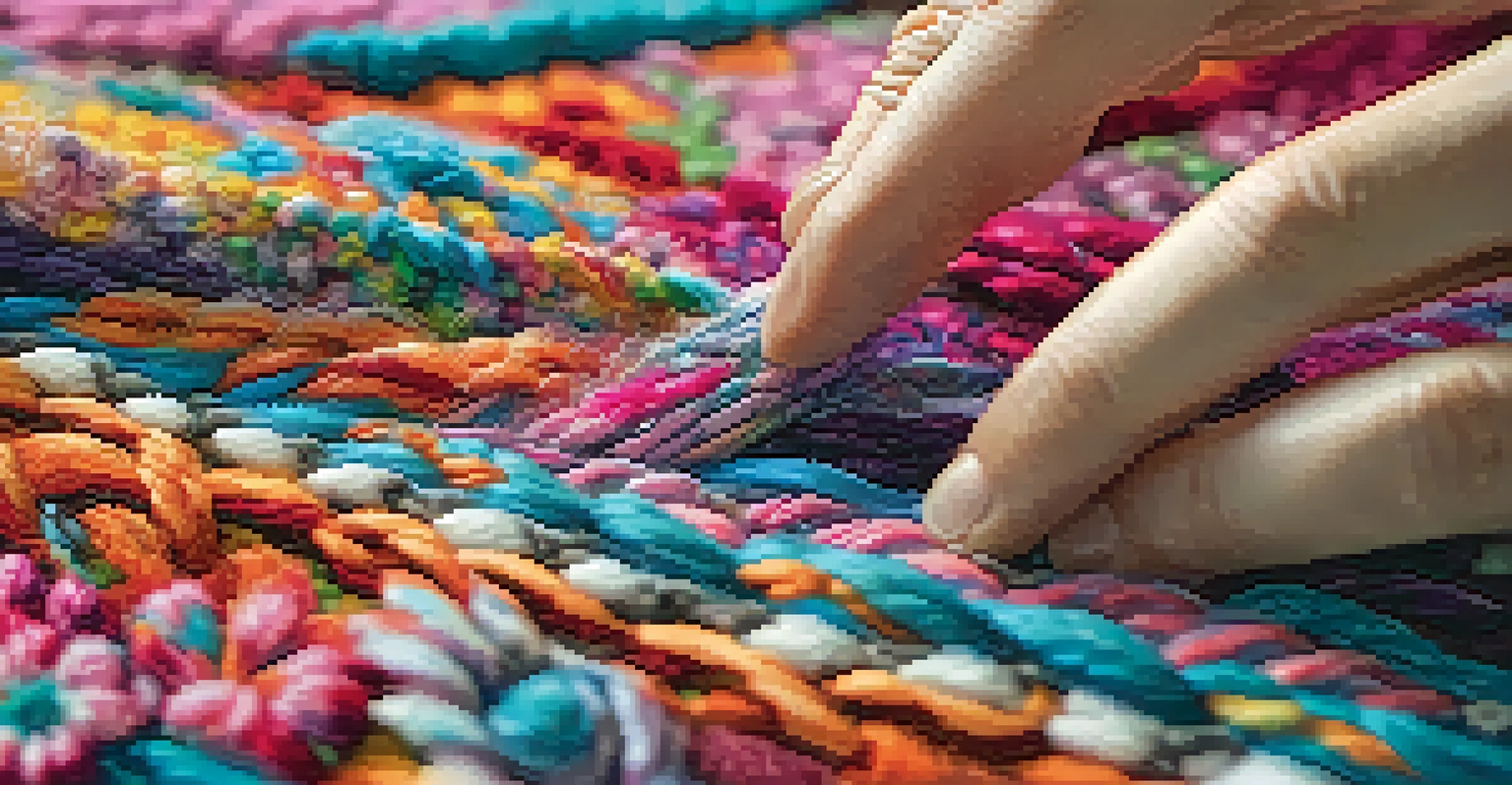 Close-up of hands working on a latch hook rug, showing colorful yarn being used to create a floral pattern.