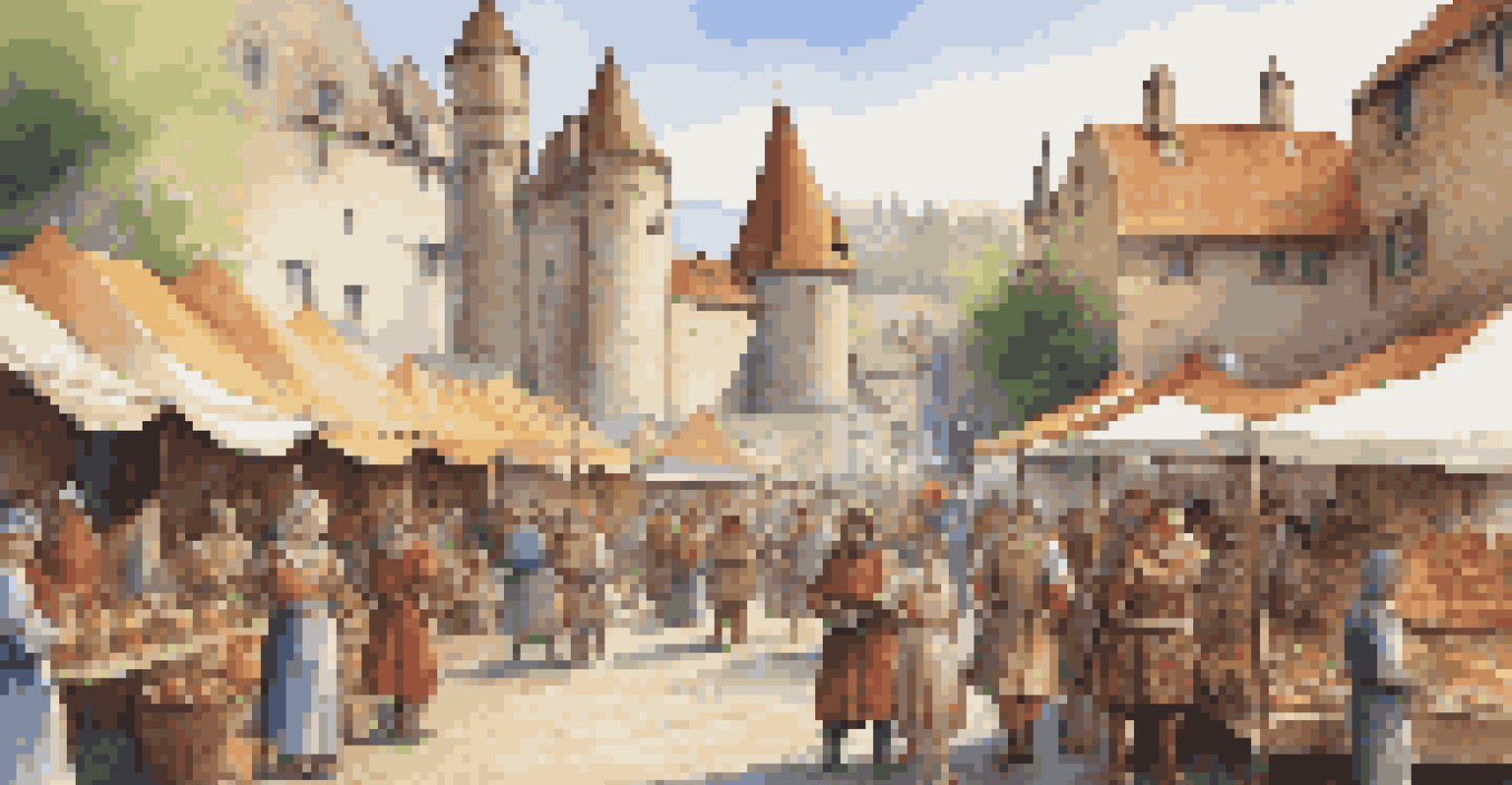 A vibrant medieval market scene with vendors in colorful costumes, children playing, and a castle in the background.