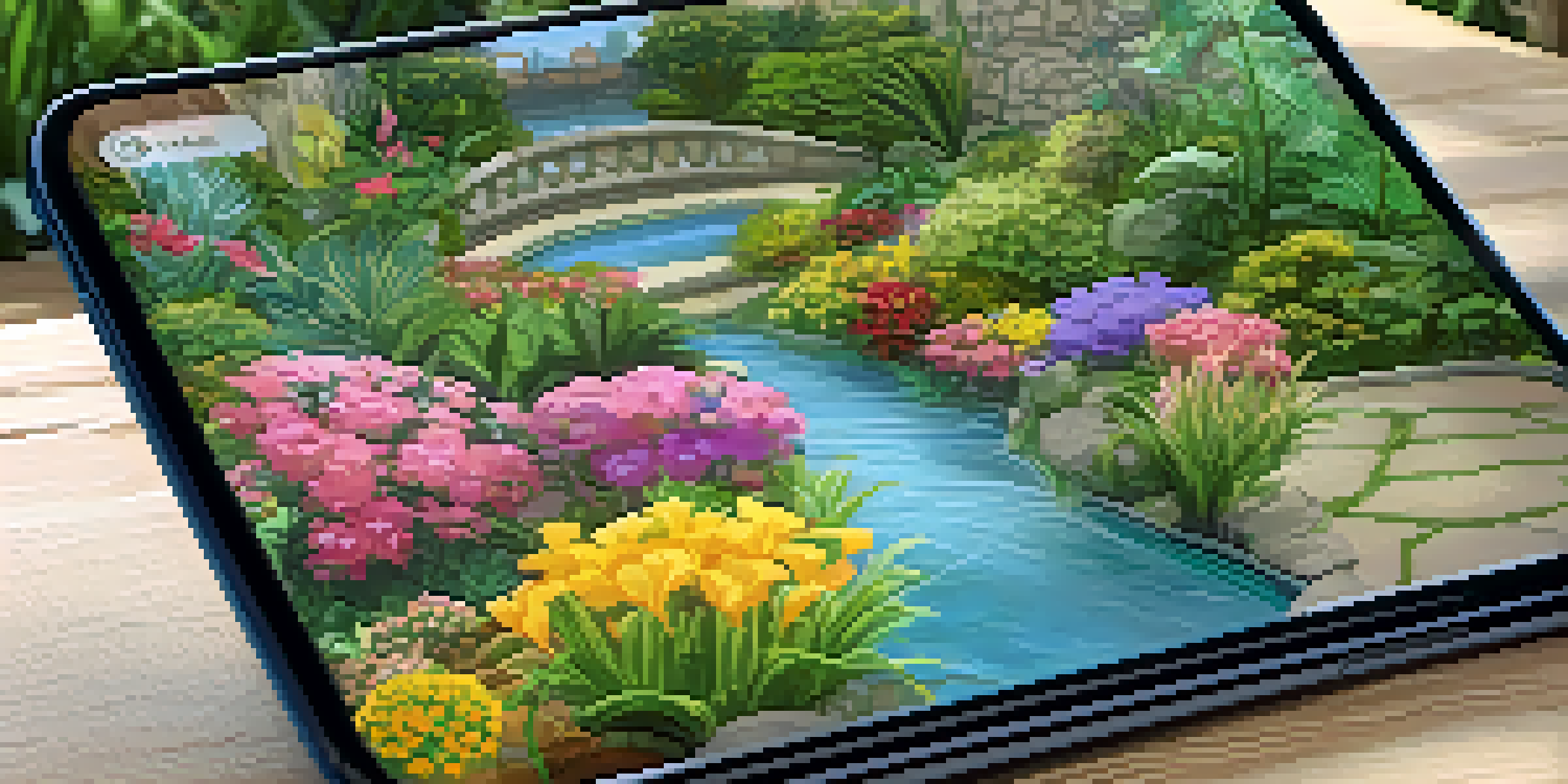 A mobile device displaying a virtual garden with colorful flowers and greenery, featuring easy-to-use design tools.