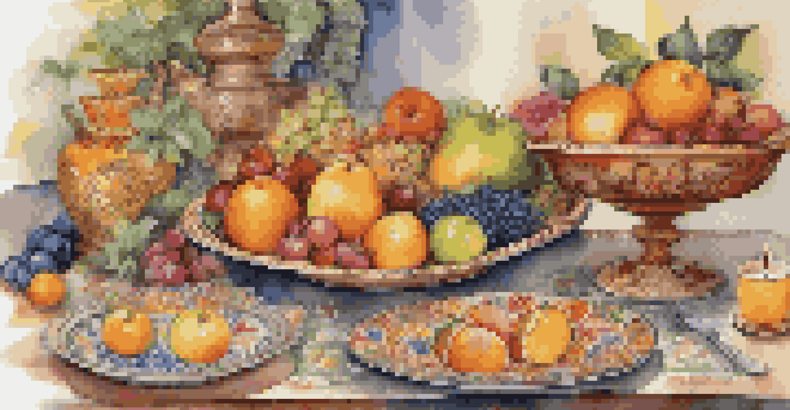 A terracotta serving platter with floral designs on a dining table, surrounded by colorful dishes and fruits, illuminated by candlelight.