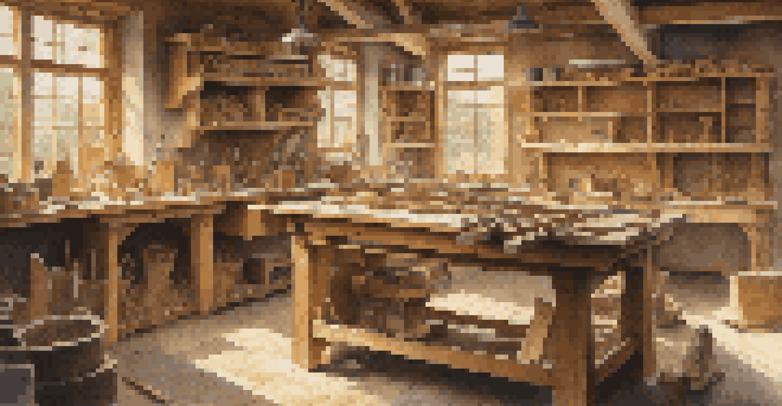 A craftsman in a workshop working on furniture construction, surrounded by woodworking tools and sunlit wood textures.