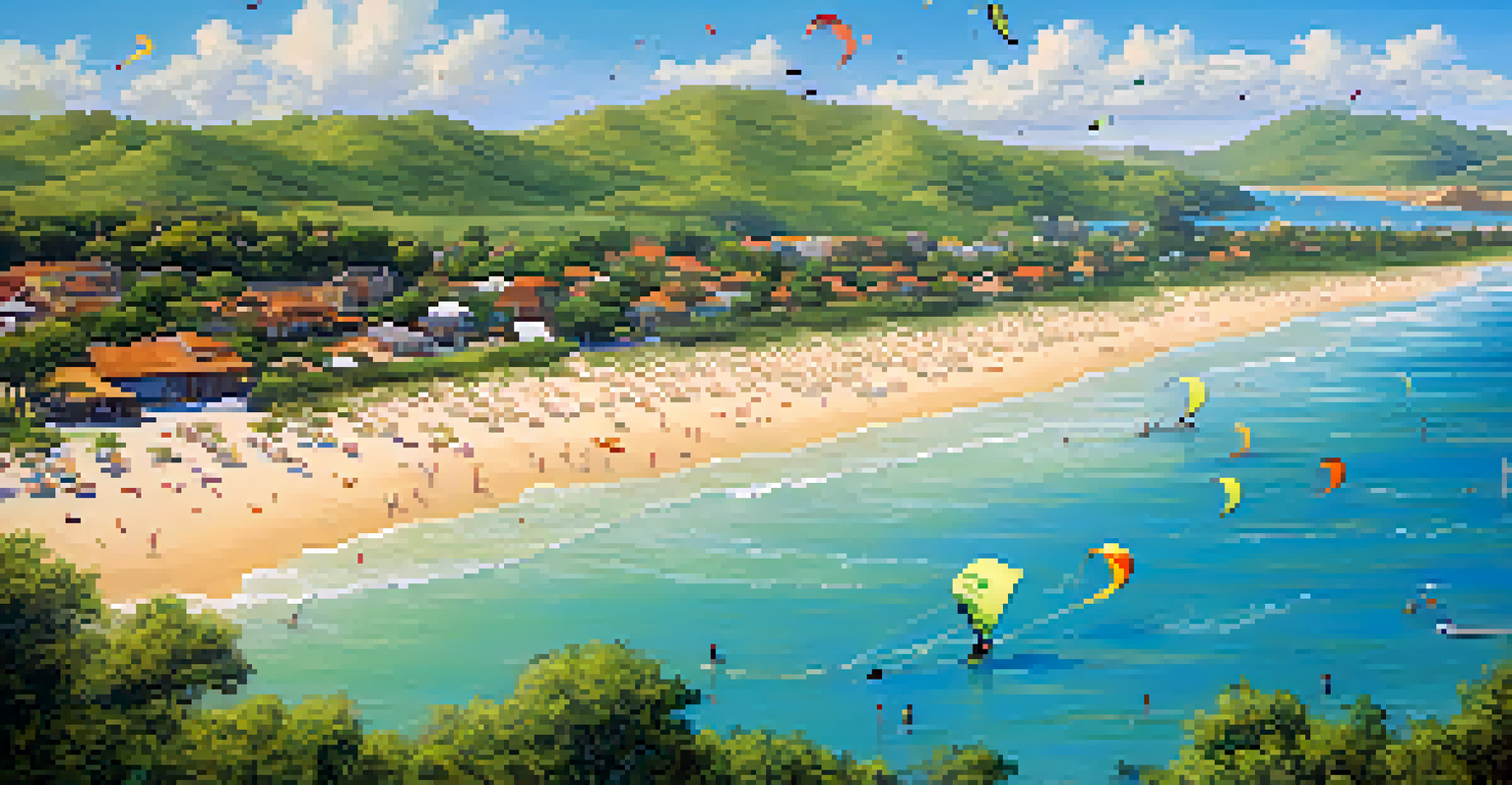 An aerial view of a kitesurfing beach filled with kitesurfers and colorful kites against a backdrop of green hills.