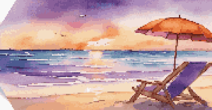 A colorful beach scene at sunset with a beach chair and umbrella, featuring a text overlay about exploring tropical destinations.