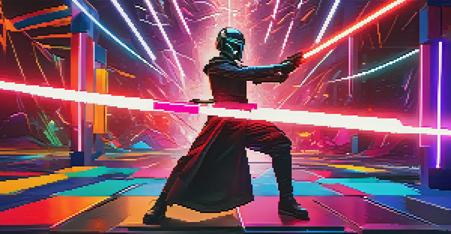 A player in VR wielding a lightsaber, slashing colorful blocks in a dynamic, vibrant environment.