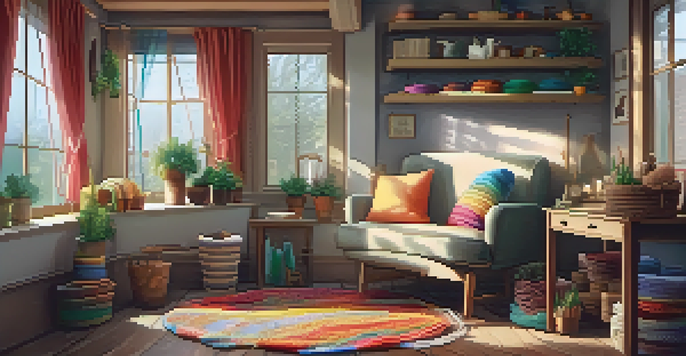 A cozy armchair in a knitting nook with colorful yarns, a half-finished scarf, potted plants, and a cup of tea, illuminated by natural light.