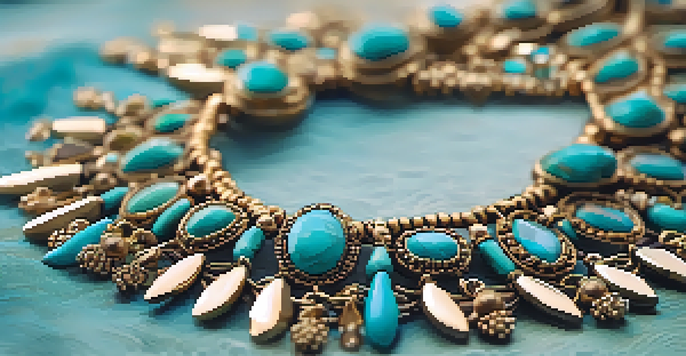 A close-up of a statement necklace with turquoise stones and brass details on a soft fabric background.