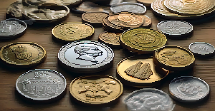 A collection of various coins on a wooden table, illuminated by soft natural light, with reflections and textures visible.