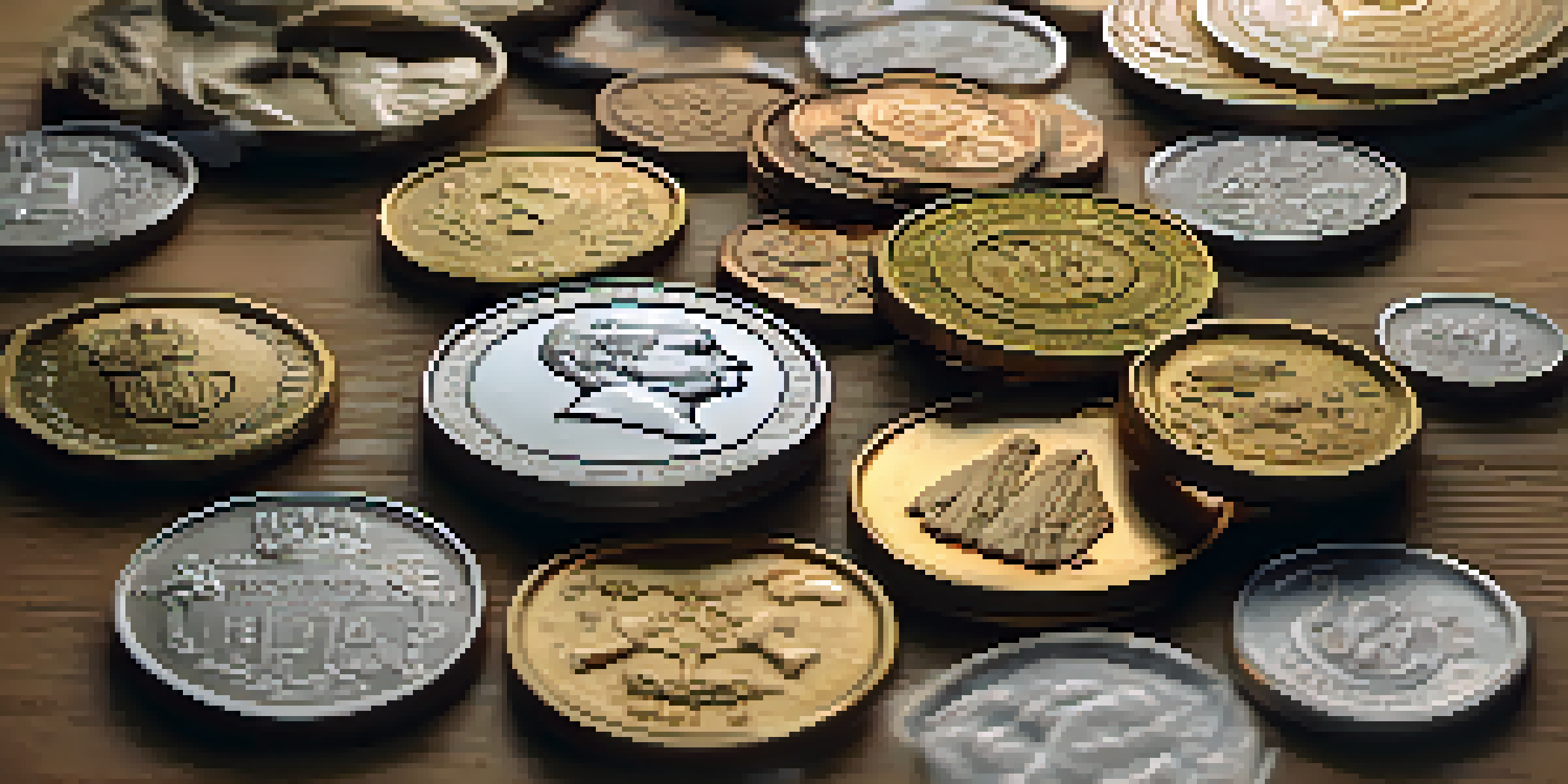 A collection of various coins on a wooden table, illuminated by soft natural light, with reflections and textures visible.