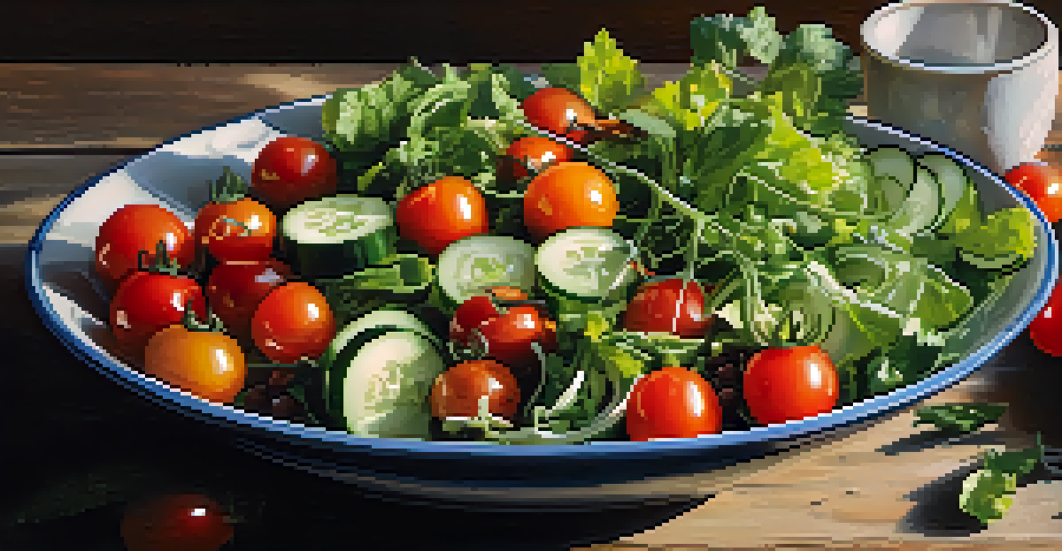 A colorful vegetable salad in a large bowl on a rustic wooden table, illuminated by sunlight.