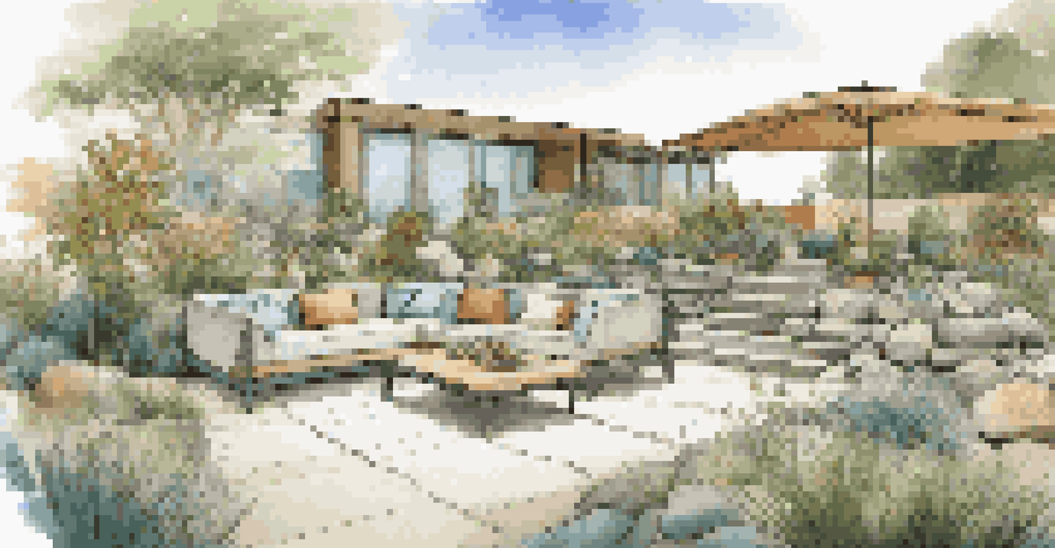 A detailed digital garden layout featuring a modern seating area surrounded by plants and stones under a blue sky.