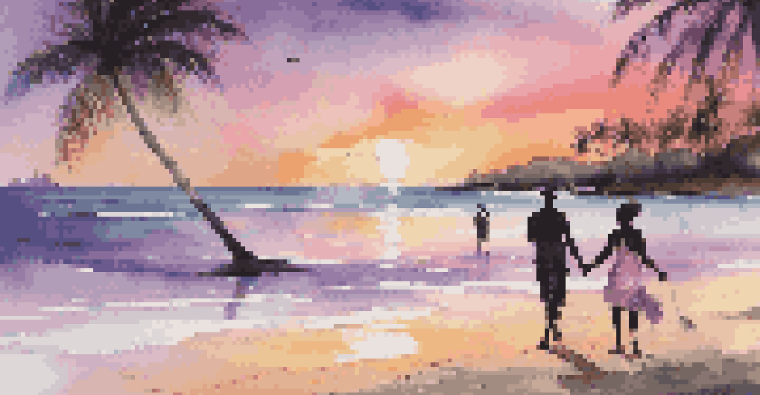 A Caribbean beach at sunset with golden sand, palm trees, and a colorful sky, featuring a couple enjoying the view.