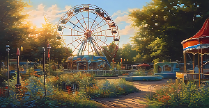 An abandoned amusement park featuring a rusted Ferris wheel, overgrown with greenery and bathed in golden sunlight.