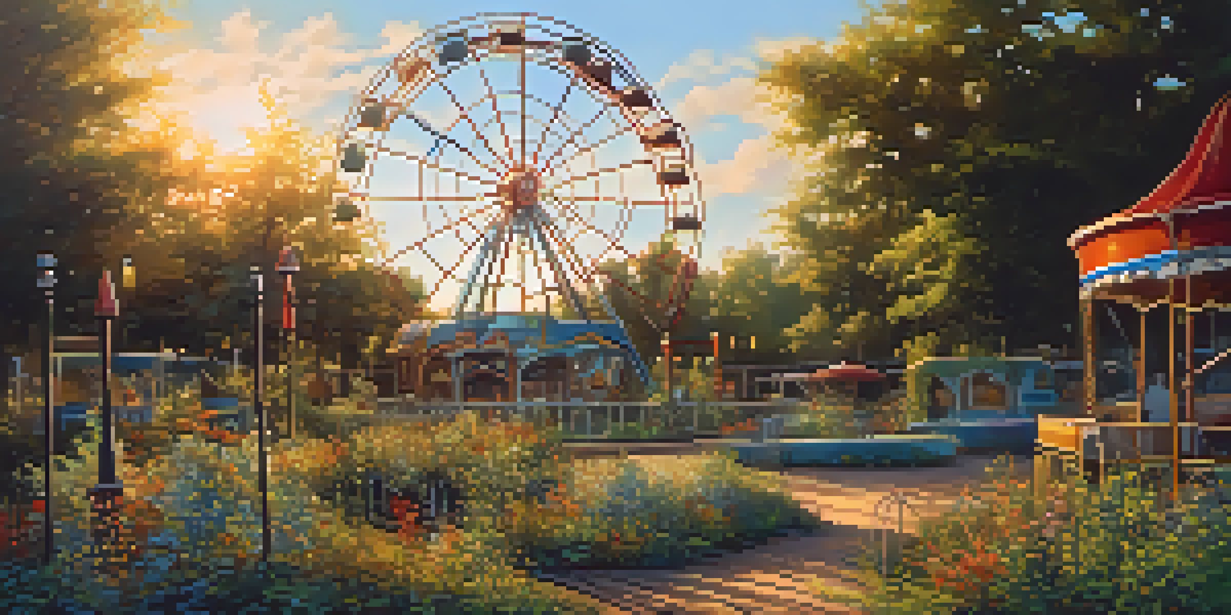An abandoned amusement park featuring a rusted Ferris wheel, overgrown with greenery and bathed in golden sunlight.