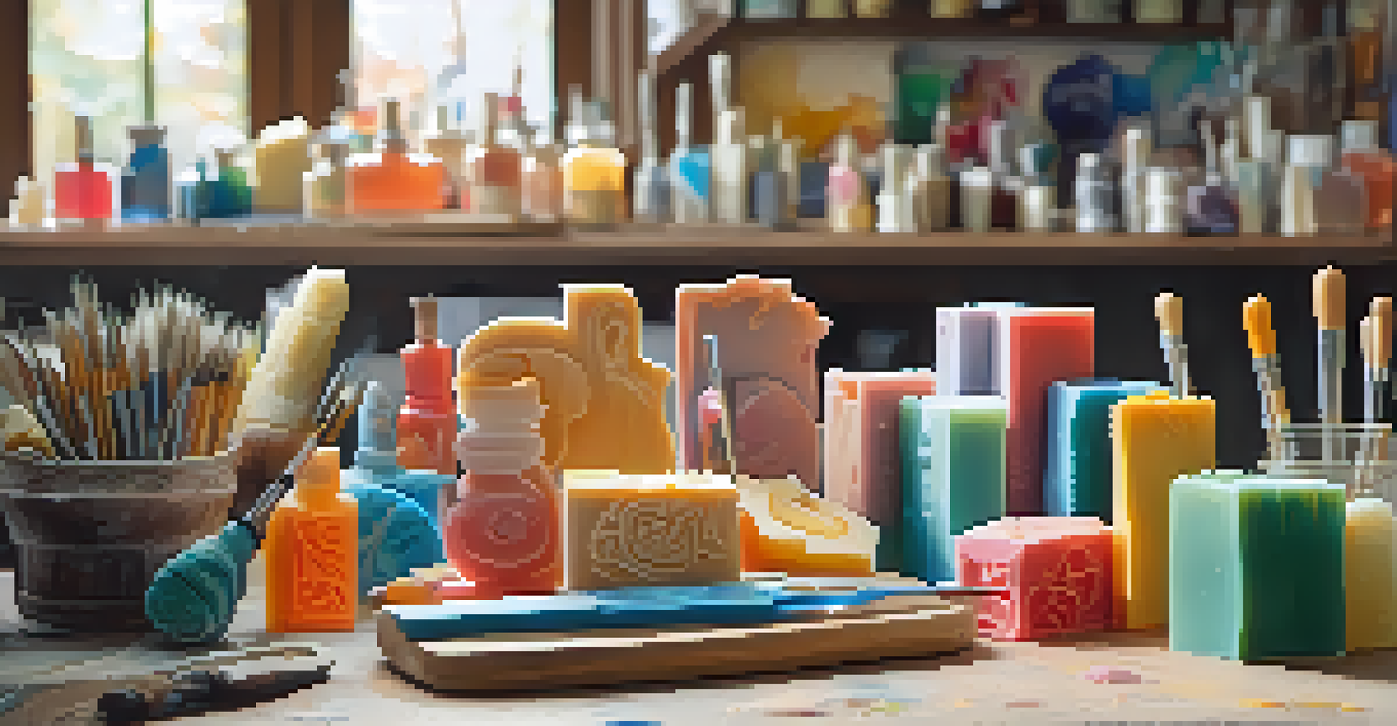 An artist's workspace with soap sculpting tools and a partially carved block of soap, surrounded by colorful sculptures.