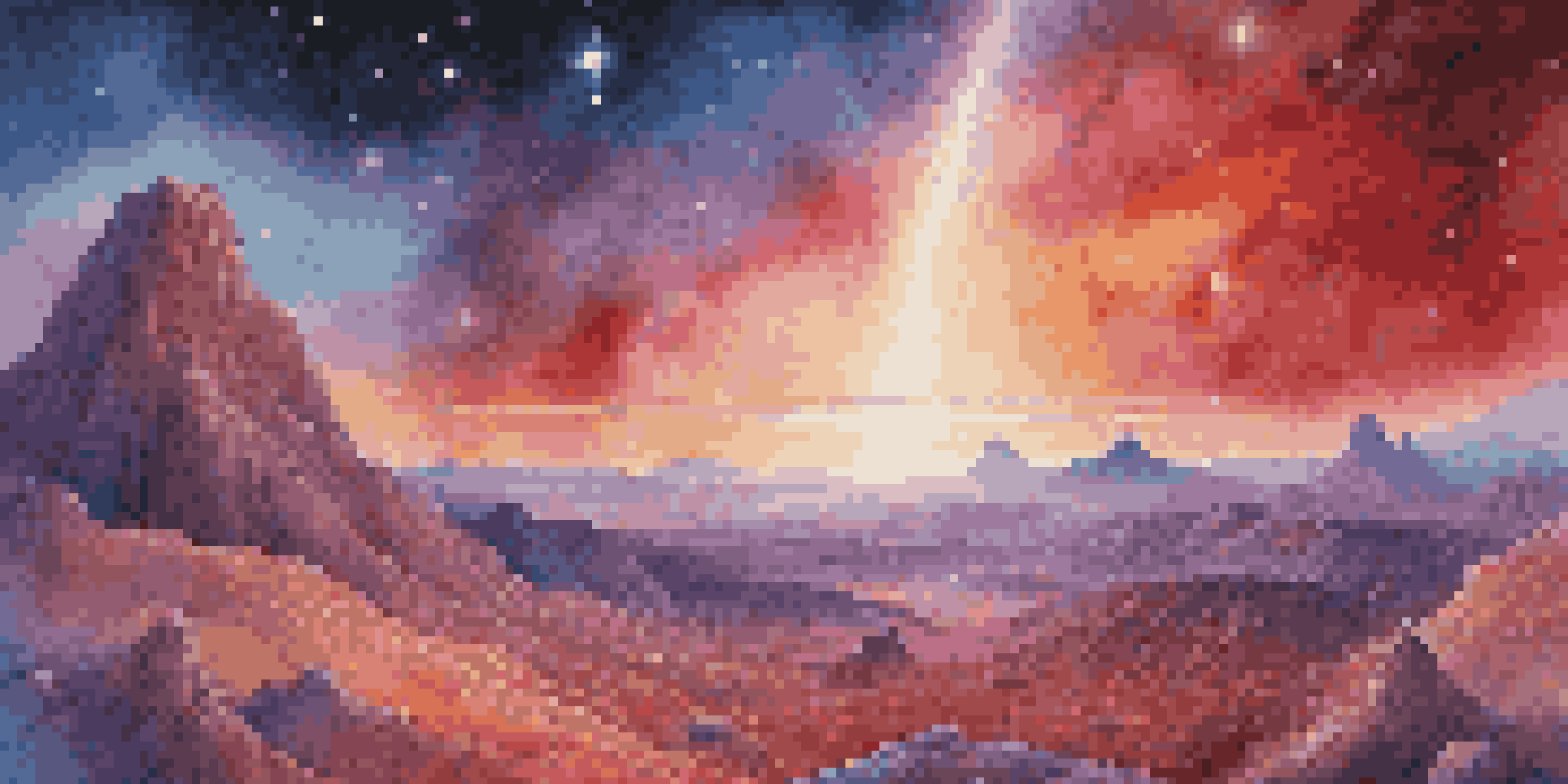 A cosmic landscape depicting the electromagnetic spectrum with a telescope in the foreground and colorful galaxies in the background.